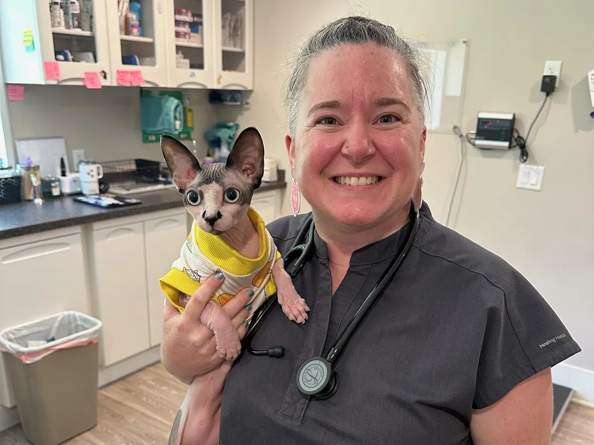 Dr. Angela Melton holding a hairless cat at Happy Paws & Claws in Englewood, OH